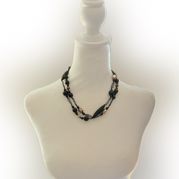🐈‍⬛ Elegant Black Ribbon with Black, Gold & Copper Beaded Necklace by Cookie Lee - Picture 3 of 6